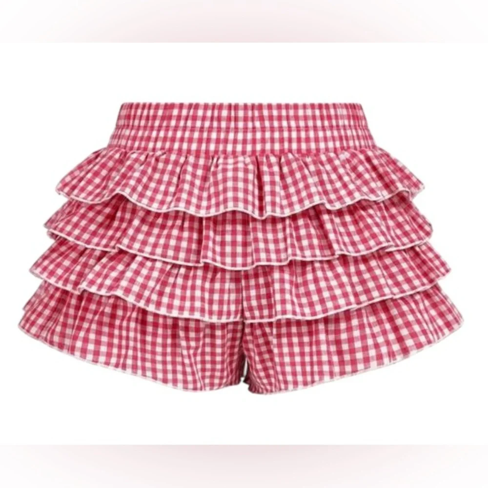 Gingham Elastic Waist Bow Knot Tiered Layer Ruffle Mini Skort Size 2XL NWT - Picture 2 of 5